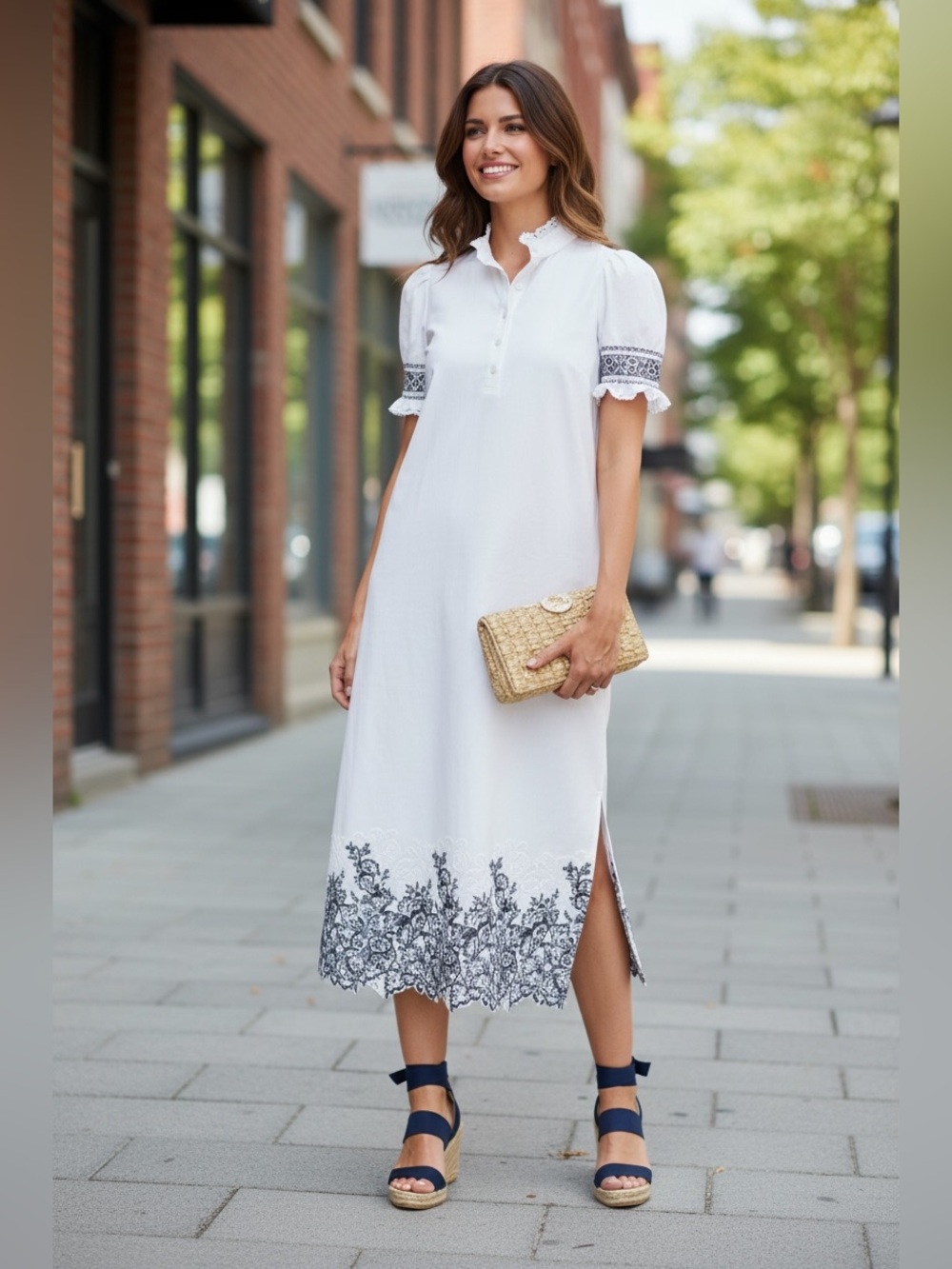 Tuckernuck Hyacinth House White Midi Dress with Navy Floral Lace Hem—NWT
